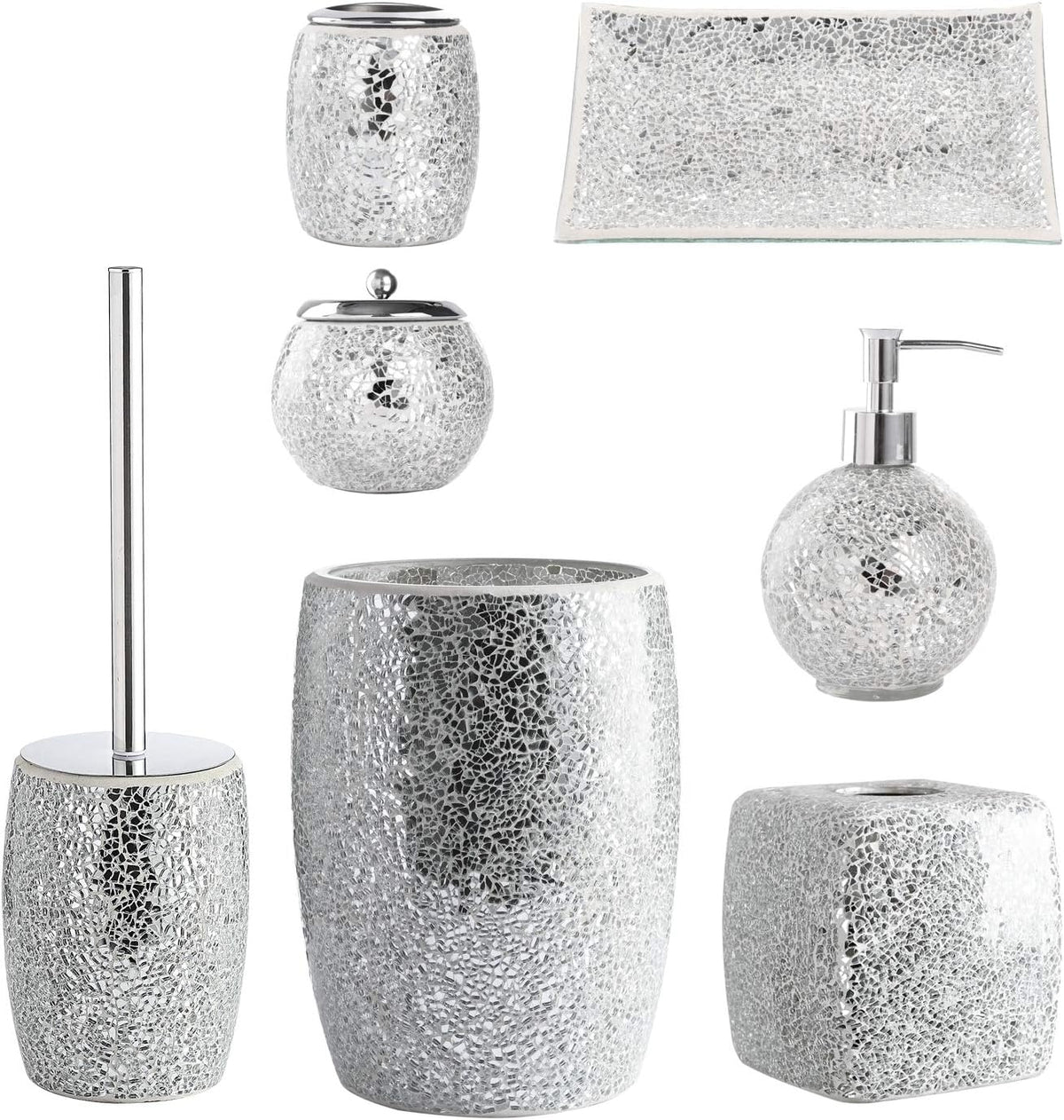 WHOLE HOUSEWARES Modern Toilet Brush Set (Silver) - Glass Mosaic Bathroom Accessory with Sturdy Bristles and Holder