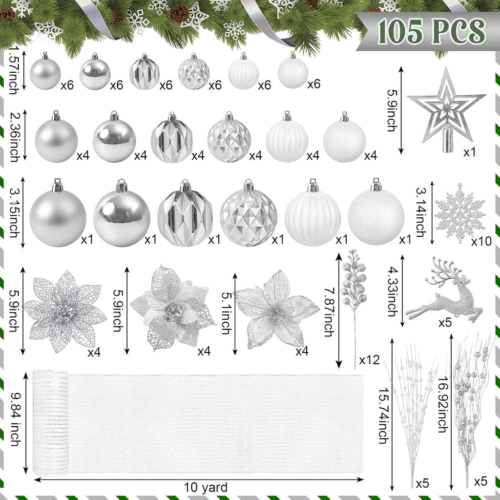 Ouddy Decor 105 Pcs Silver Christmas Tree Ball Ornaments Decorations Set