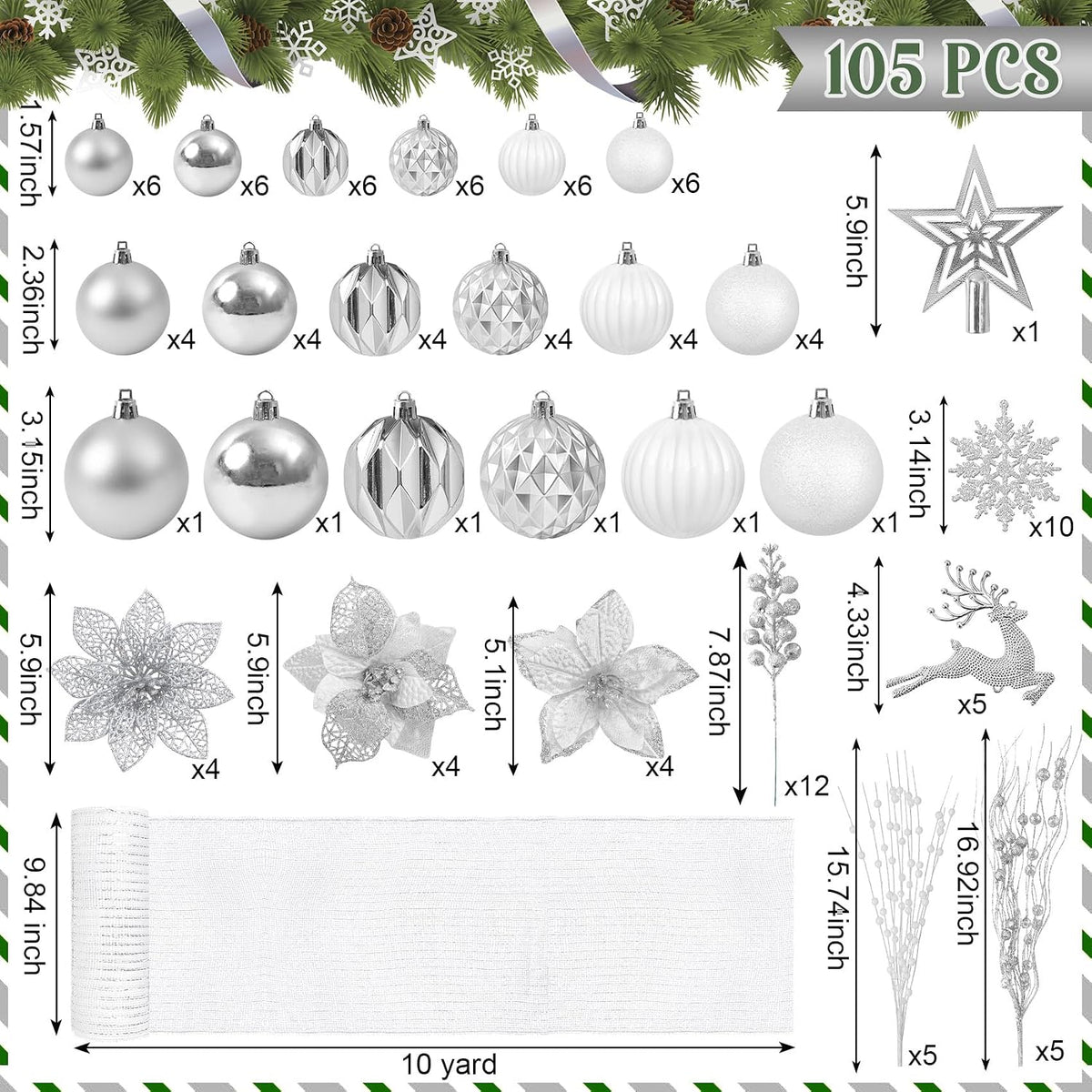 Ouddy Decor 105 Pcs Silver Christmas Tree Ball Ornaments Decorations Set