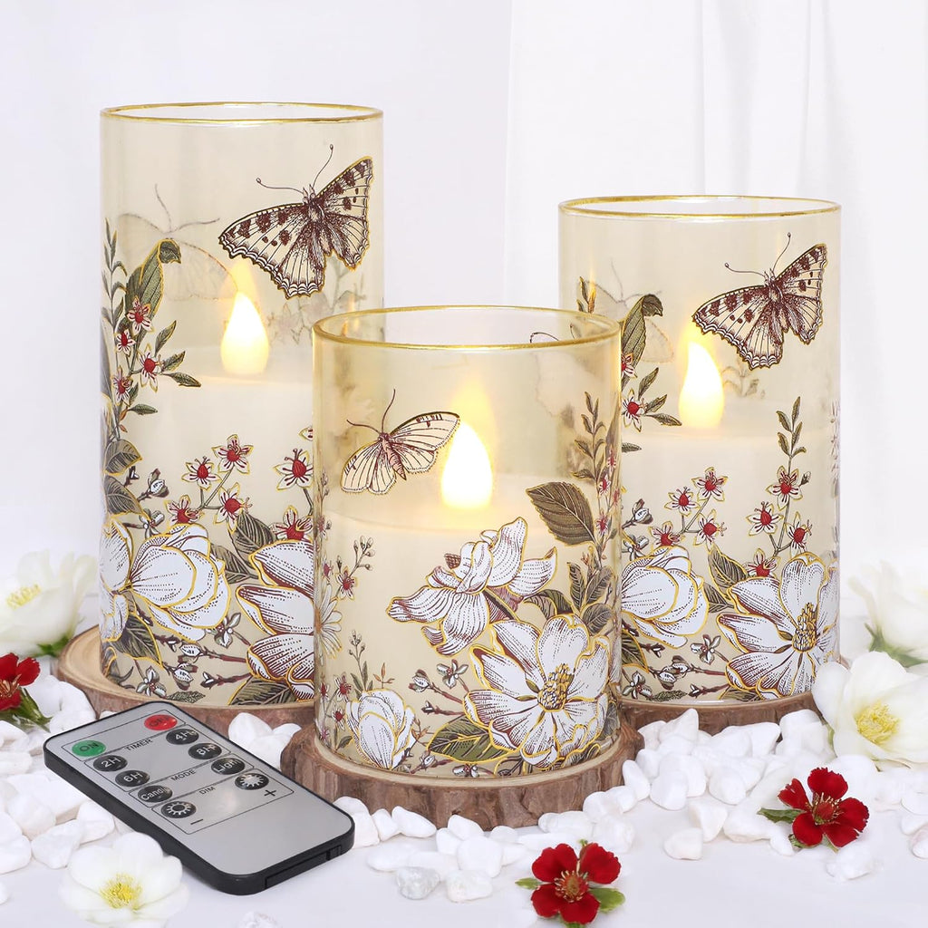 Glass Flameless Candles Battery Operated with Remote Timer Botanical Butterfly & Floral Real Wax Flickering LED Pillar Candle for Spring Summer Home Decor, Wedding, Table Centerpiece