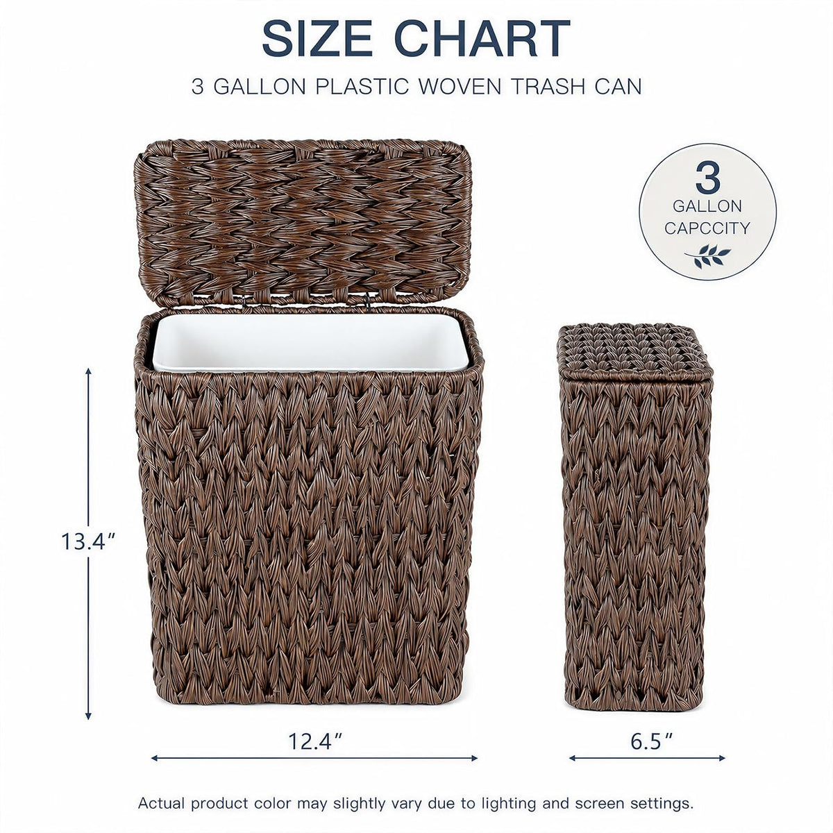 Wicker Trash Can with Lid & Liner, Small Bathroom Waste Basket, Brown
