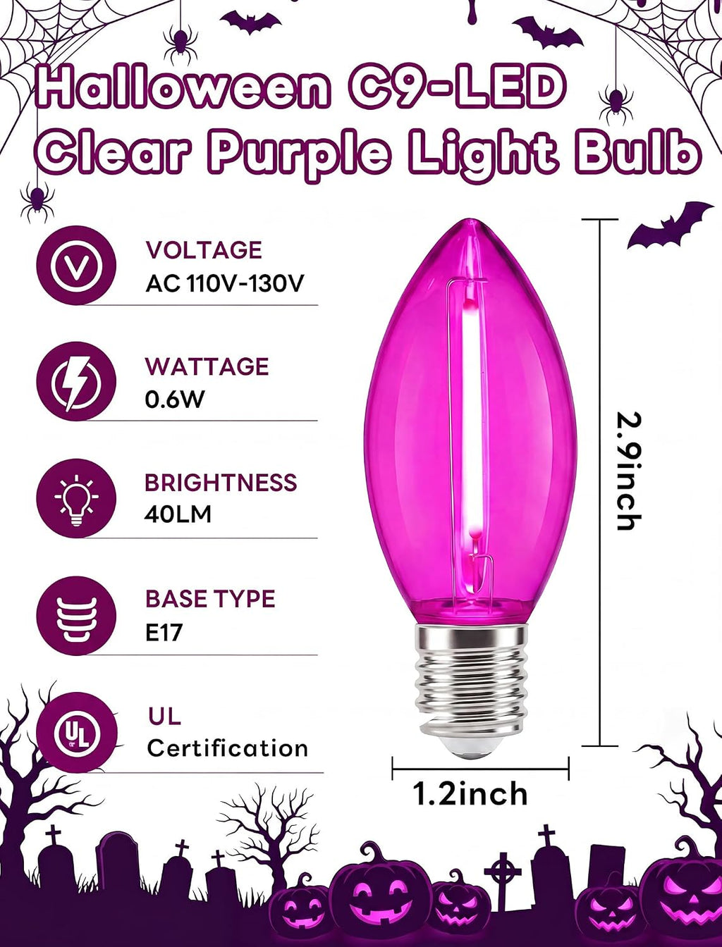 C9 LED Clear Purple Replacement Light Bulbs for Halloween Decorations, 120V