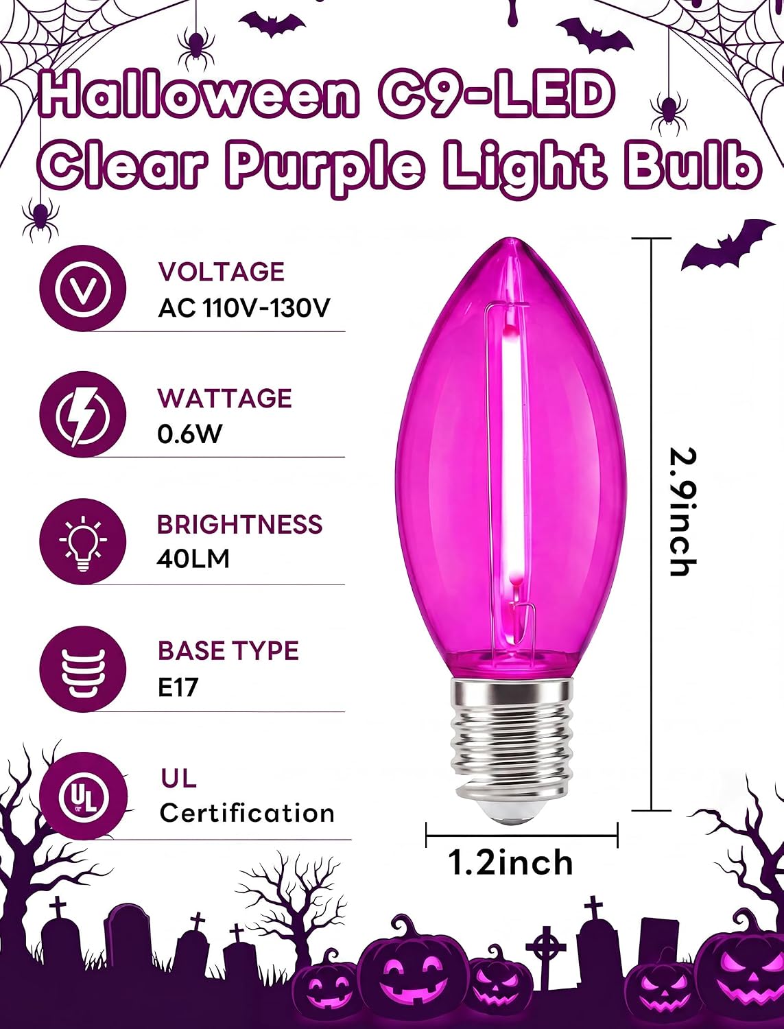 C9 LED Clear Purple Replacement Light Bulbs for Halloween Decorations, 120V