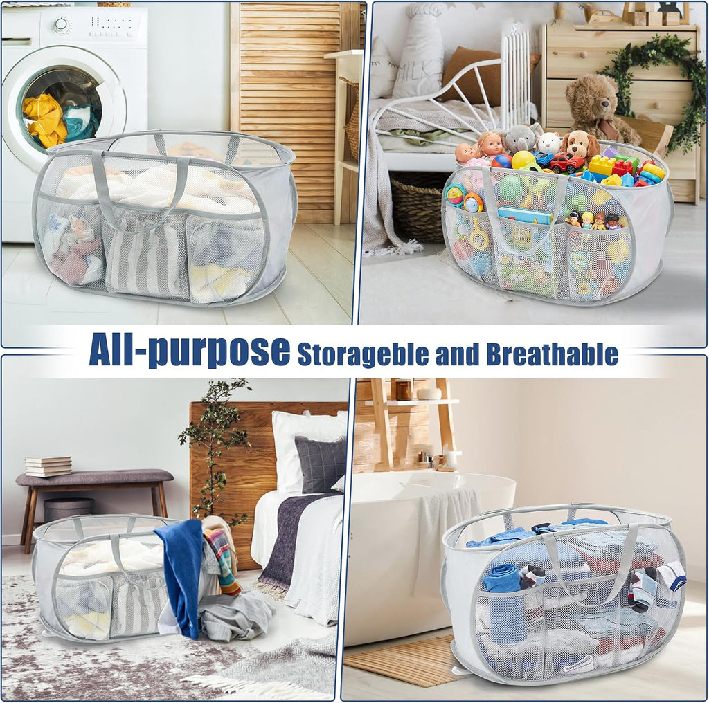 Collapsible Laundry Baskets, Upgrade Pop Up Laundry Hamper with Convenient Bags, Foldable Laundry Basket Mesh Light Weight, Easy to Carry Clothes Hampers for Laundry, Dorm, Toys, Travel Grey