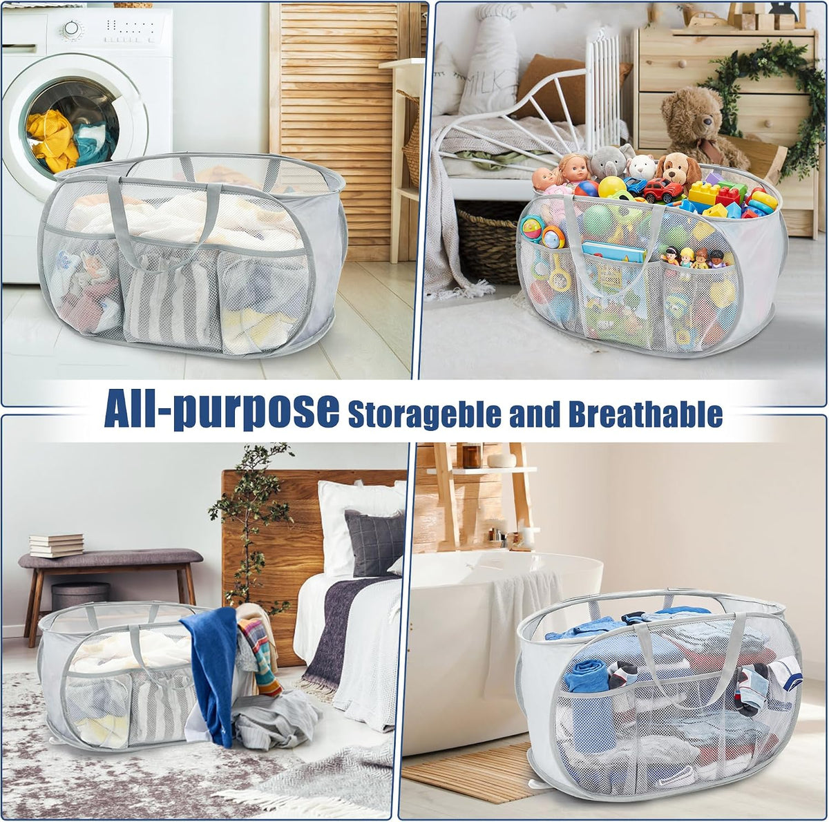 Collapsible Laundry Baskets, Upgrade Pop Up Laundry Hamper with Convenient Bags, Foldable Laundry Basket Mesh Light Weight, Easy to Carry Clothes Hampers for Laundry, Dorm, Toys, Travel Grey