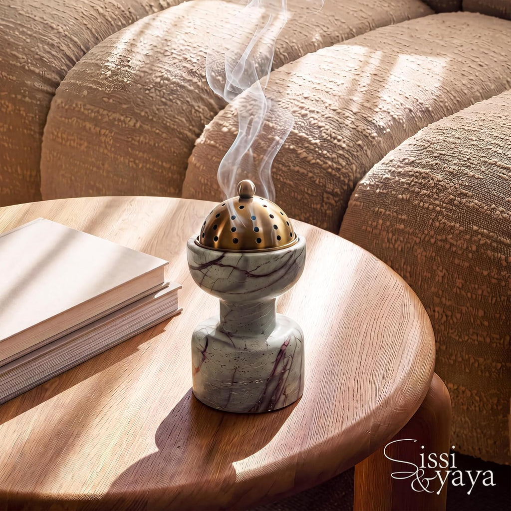 Natural Marble Incense Burner with Brass Accents 6.29 x 3.54 inches Multi-Purpose Holder for Cones/Sticks/Sage, Home Decor & Relaxation (Red Veins)