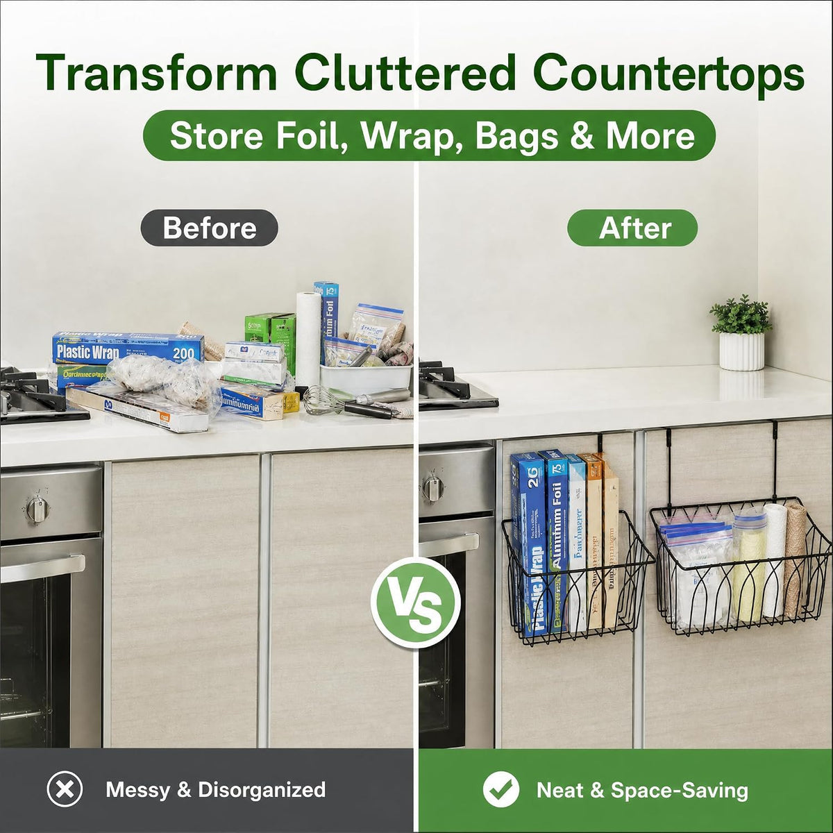 TOPZEA 2 Pack Grid Storage Baskets with Hooks, Metal Hanging Wire Basket Kitchen Over the Cabinet Door Organizer Caddy for Cutting Board, Kitchen Wrap, Foil, Cleaning Supplies, Bakeware, Towel