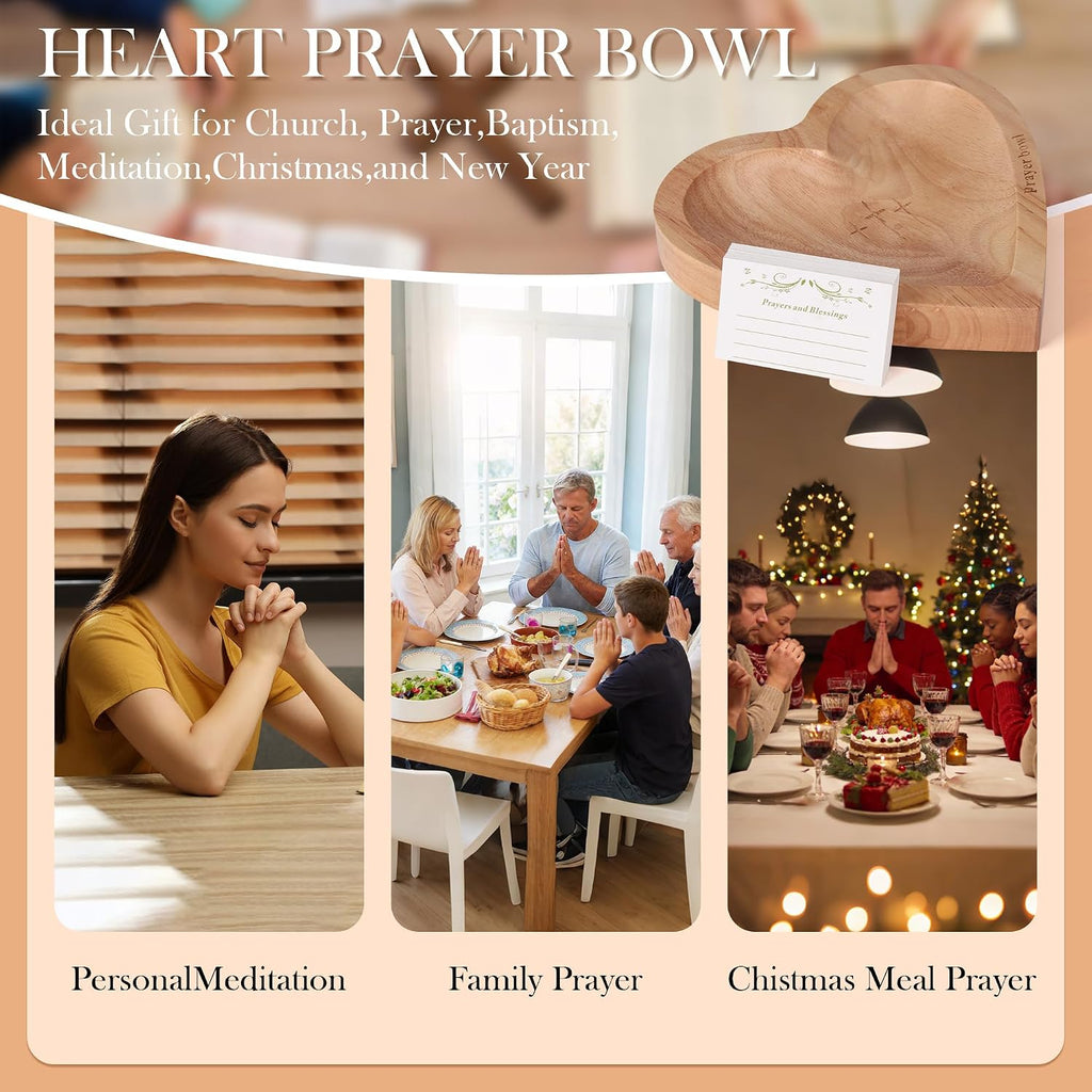 Heart Wooden Prayer Bowl with Cards, Gift-Boxed Premium Wooden Prayer Bowl, Thoughtful Catholic Christian Religious Gift for Women Men Parents, Ideal for Faith Home Decor
