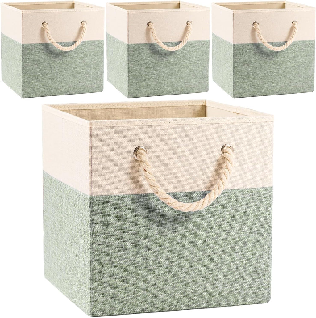 PRANDOM Large Foldable Cube Storage Bins 11x11 inch [4-Pack] Fabric Linen Storage Baskets Cubes Drawer with Cotton Handles Organizer for Shelves Nursery Closet Bedroom Beige/Green