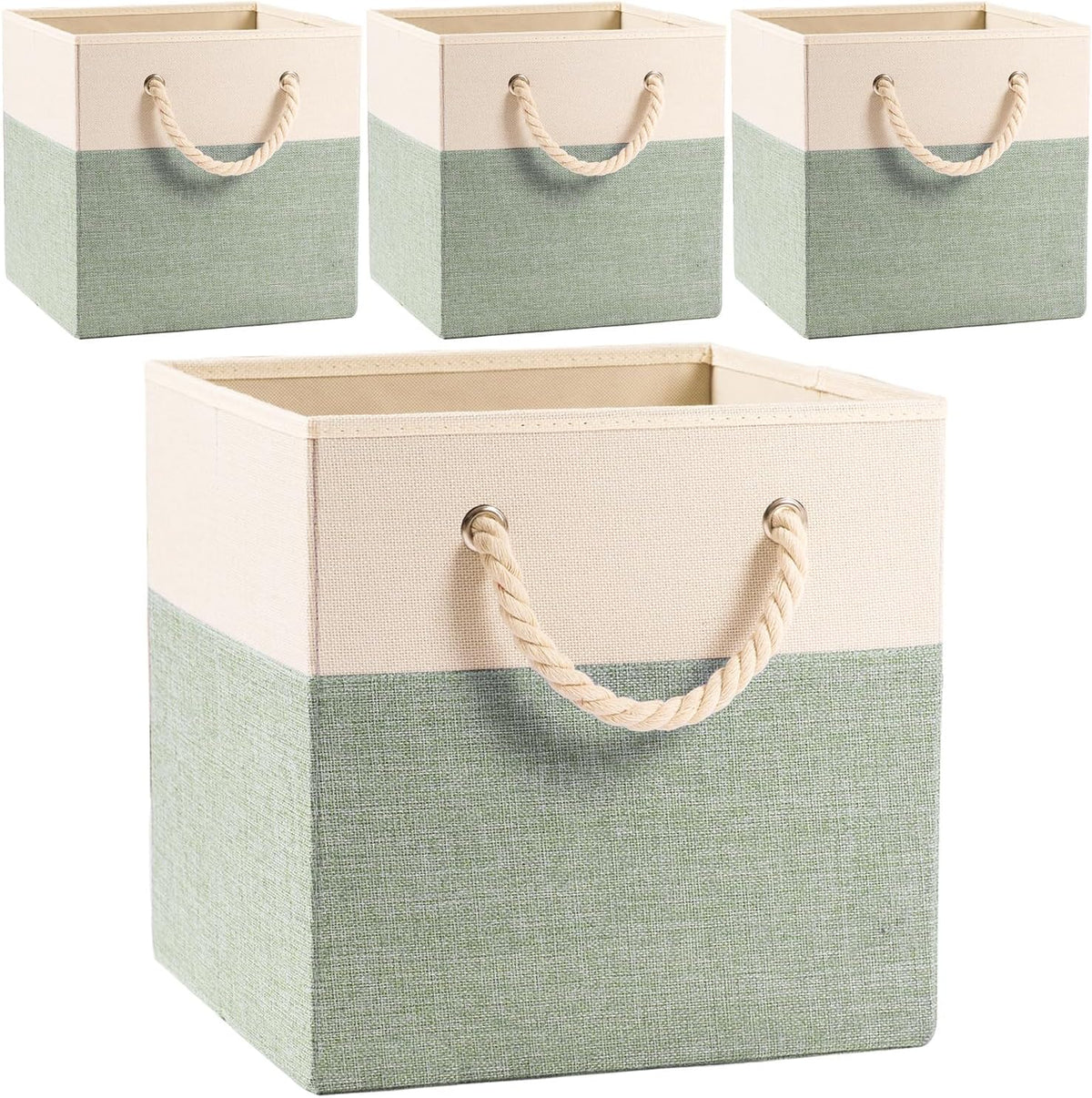 PRANDOM Large Foldable Cube Storage Bins 11x11 inch [4-Pack] Fabric Linen Storage Baskets Cubes Drawer with Cotton Handles Organizer for Shelves Nursery Closet Bedroom Beige/Green