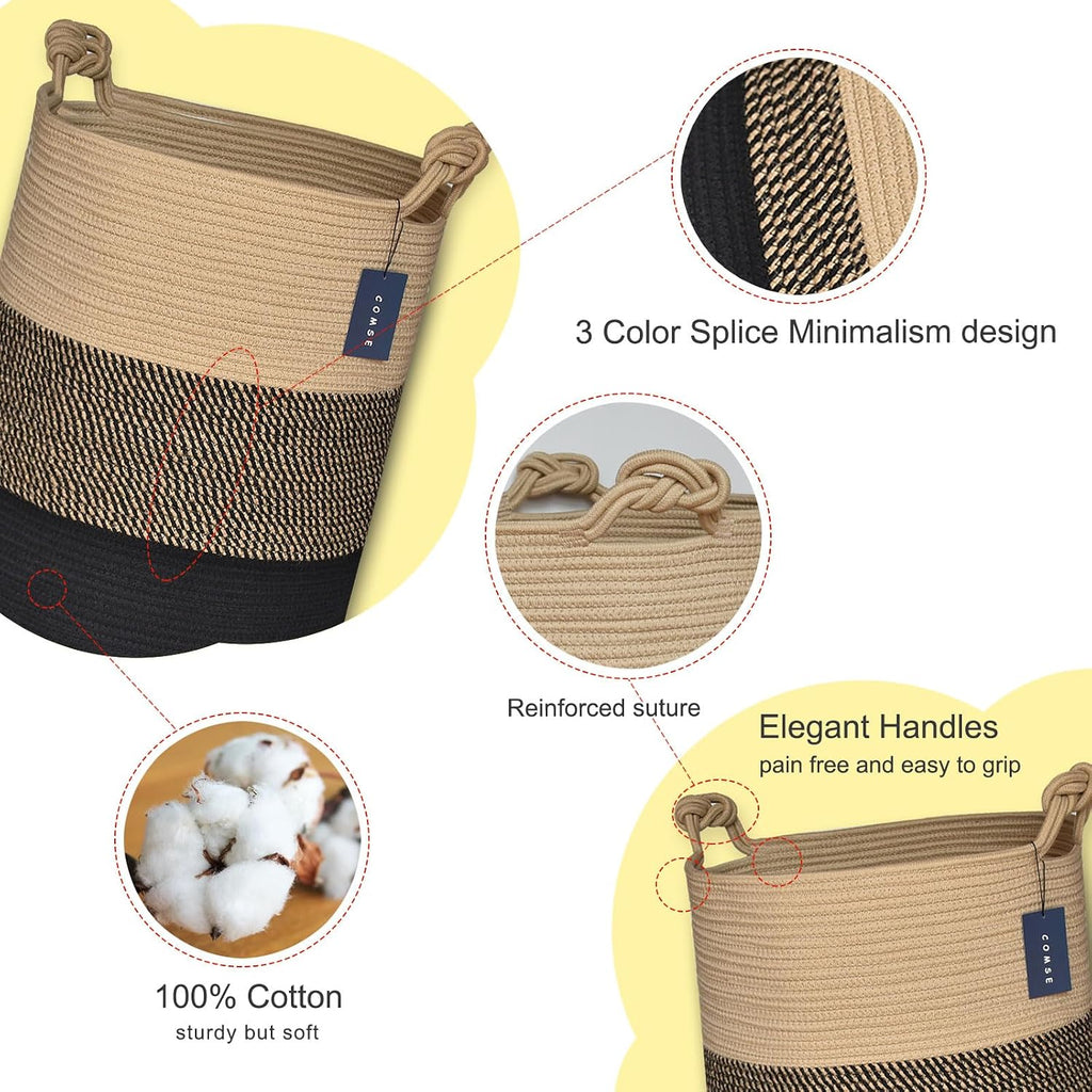 COMSE Tall Woven Blanket & Laundry Basket, 72L, Brown & Black