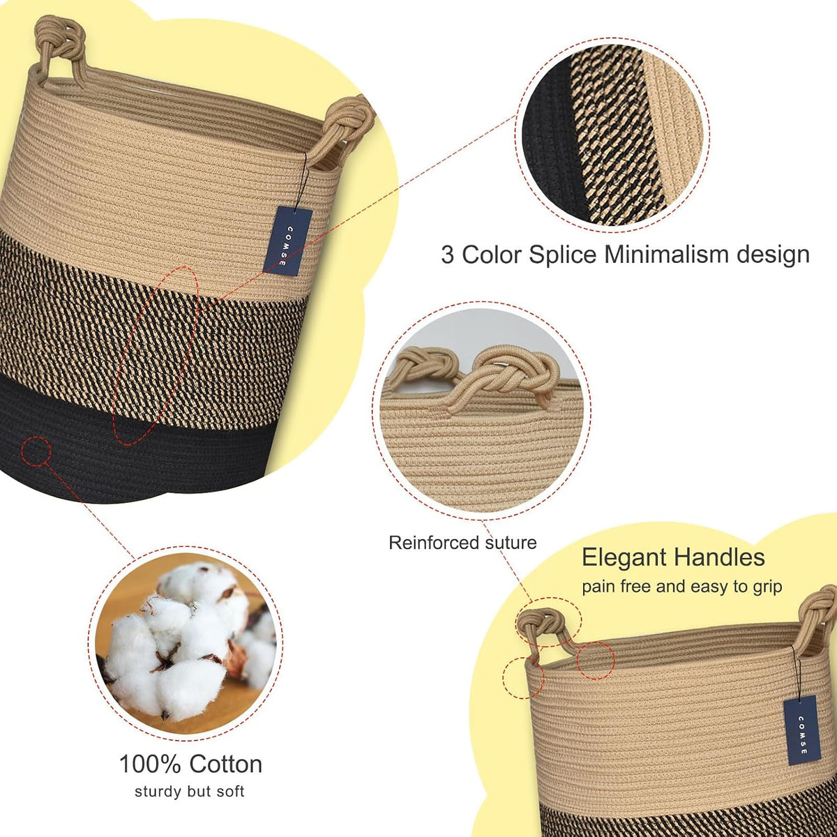 COMSE Tall Woven Blanket & Laundry Basket, 72L, Brown & Black