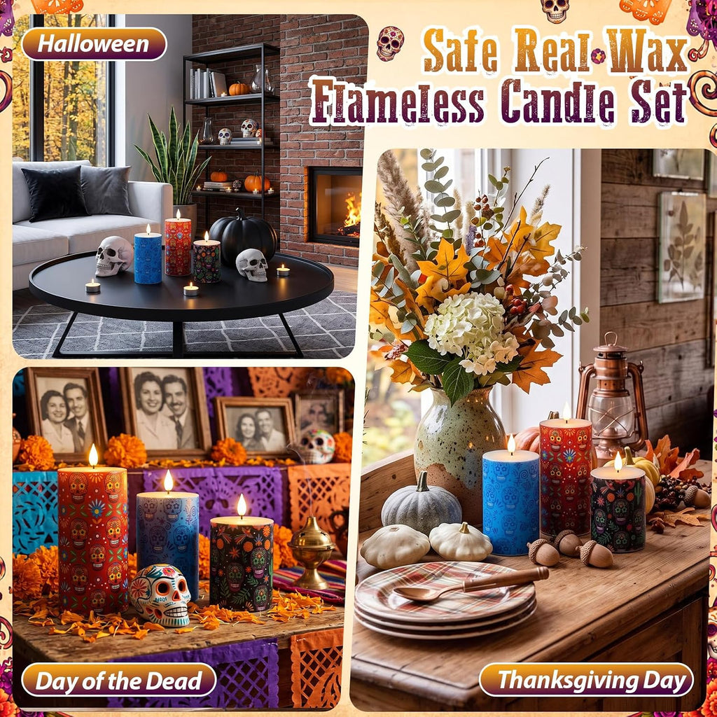 3 Pcs 4/6/10" Flameless LED Candles with Remote, Battery Operated, Skull