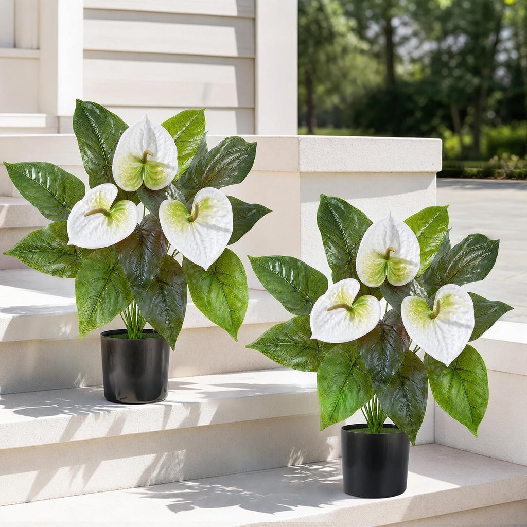 Anthurium Artificial Flowers with Pots, 2 Pack Fake Flowers Potted Faux Outdoor Plants, UV Resistant Realistic Faux Tropical Greenery for Planters Inside Porch Patio Yard (White, 21.6")
