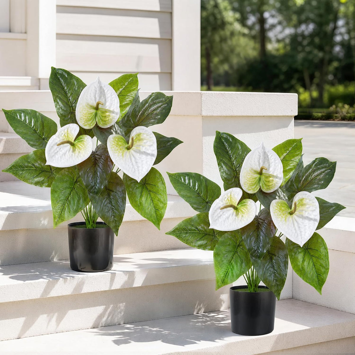 Anthurium Artificial Flowers with Pots, 2 Pack Fake Flowers Potted Faux Outdoor Plants, UV Resistant Realistic Faux Tropical Greenery for Planters Inside Porch Patio Yard (White, 21.6")