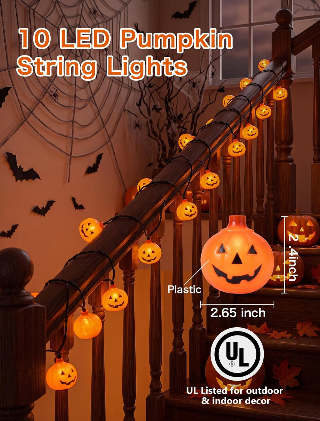 Halloween String Lights, 8.5Ft LED Pumpkin Lights String Lights Plug in, 10 Pumpkin String Light Connectable Indoor/Outdoor Halloween Decorations