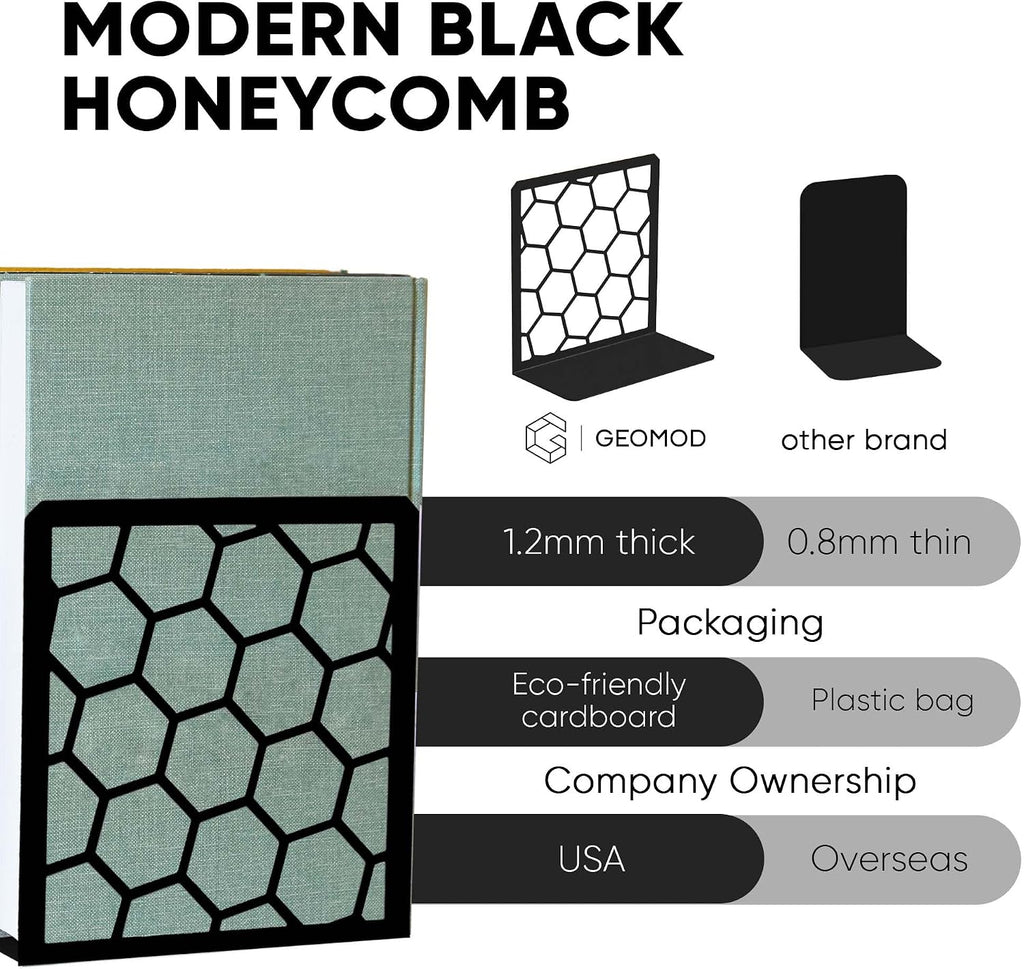 GEOMOD Premium Geometric Black Honeycomb Bookends for Shelves, Metal Book Ends Office, L-Shaped Stopper, Rustproof Decorative Unique Home, 6.25 (L) x 6 (W) inches, 2 Pairs - Geomod, (Pair of 2)