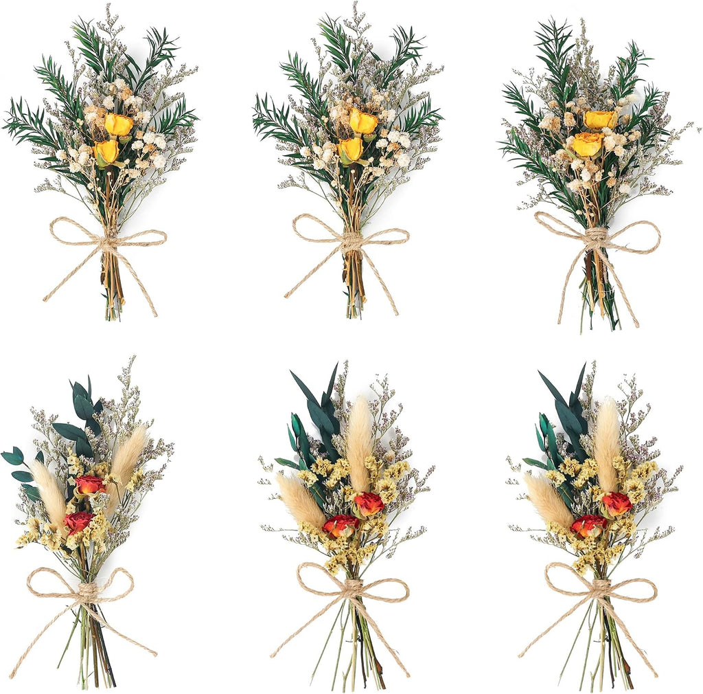 Mini Dried Rose Bouquet (6pcs), Natural Dried Flower Bouquet, Dried Pampas Grass, Groom & Best Man Corsages, Dried Cake Flowers, Gift Box Filled with Dried Flowers, Wedding Accompaniments.(Red)