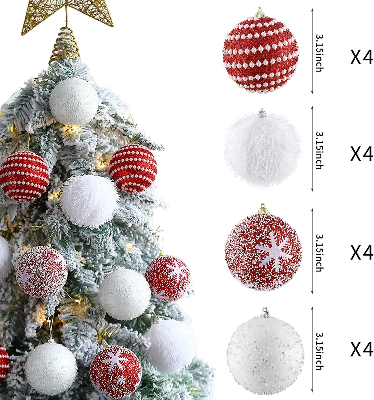 Christmas Tree Ball Ornament Set 16pcs 80mm/3.15inch Red White Glittering Shatterproof Foam Christmas Ball Ornaments Xmas Tree Decor Holiday Decoration