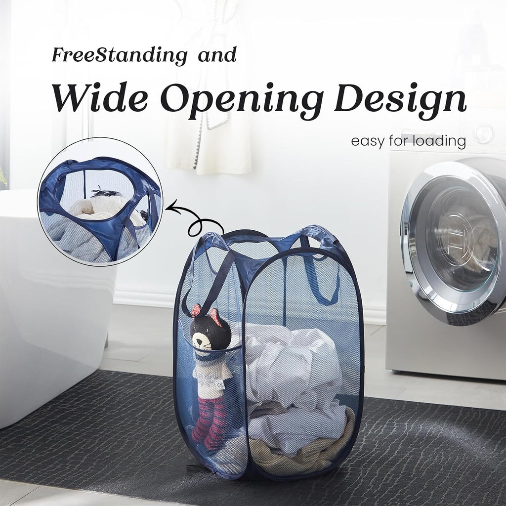 Collapsible Mesh Laundry Basket with Side Pocket & Sturdy Handles