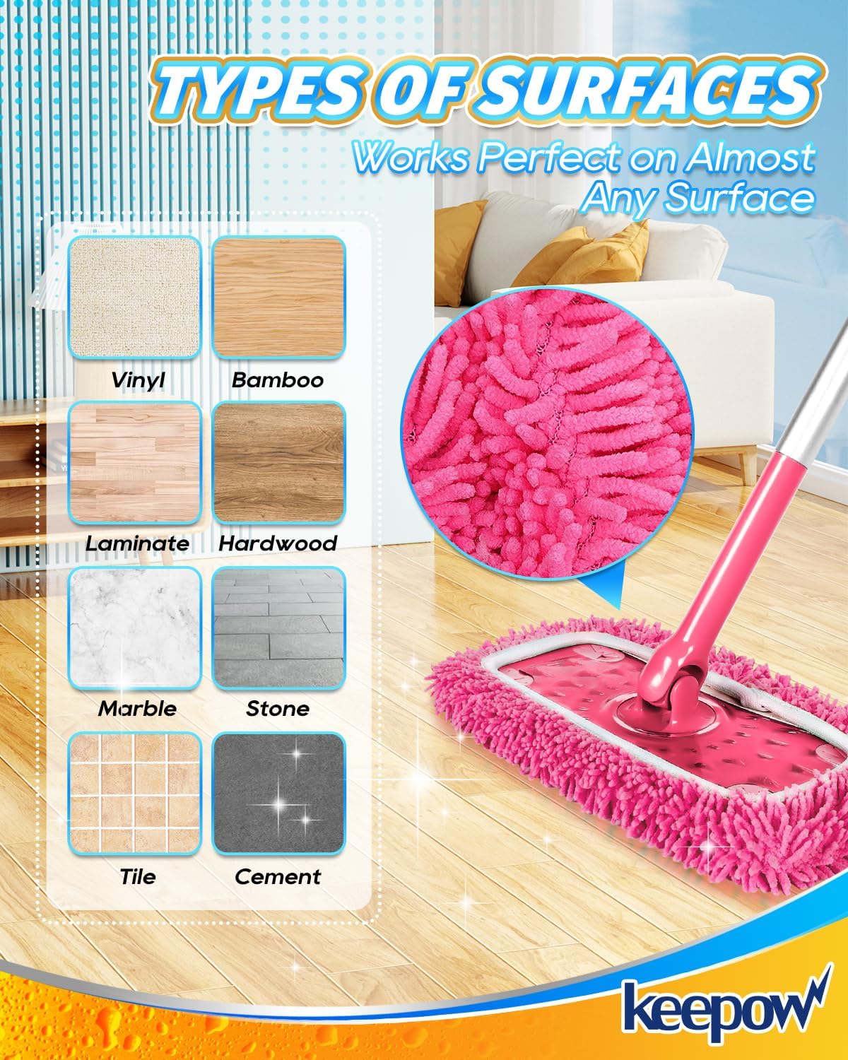 KEEPOW 4Pcs Pink Chenille Reusable Mop Pads Compatible with Swiffer Sweeper
