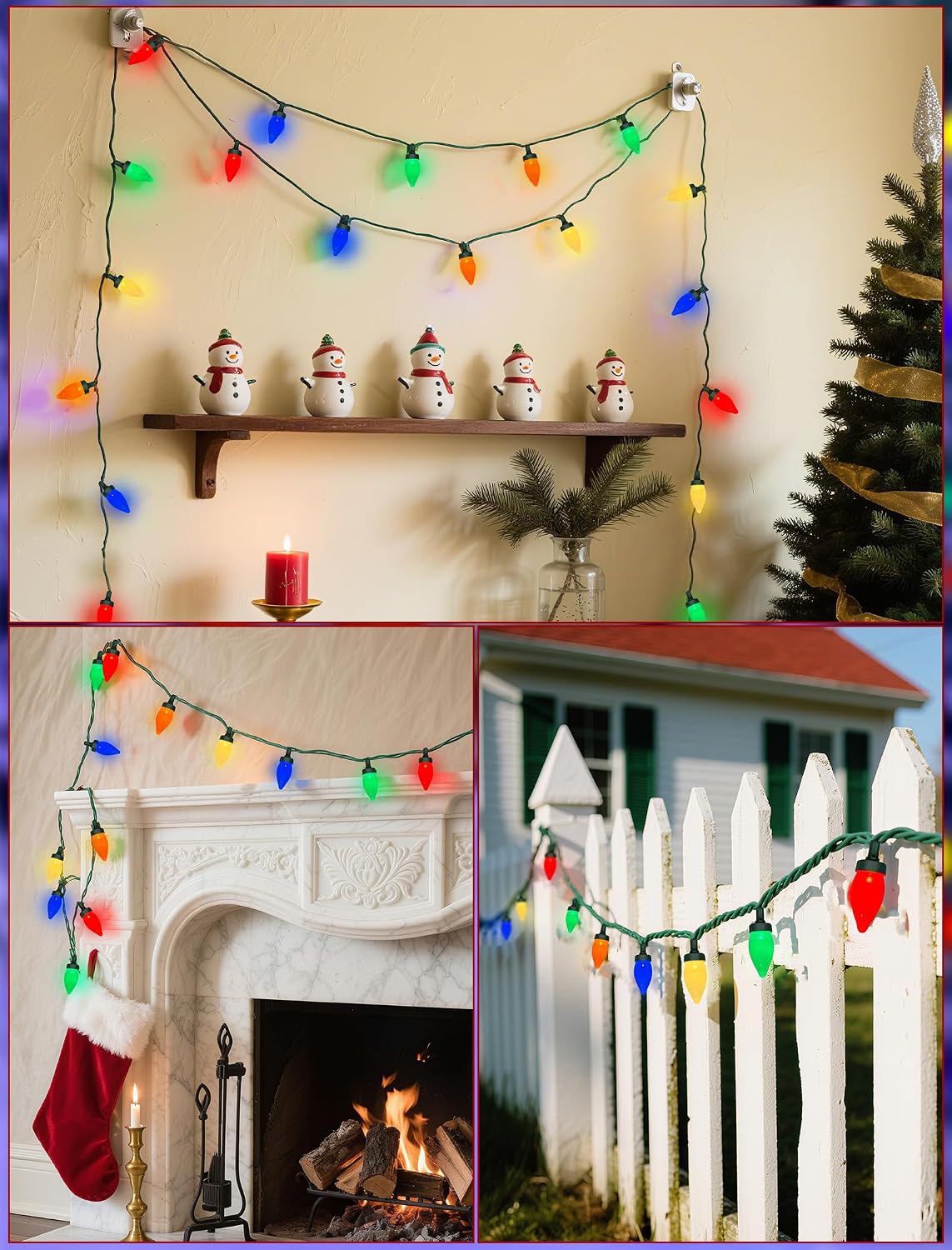 SUNSGNE C7 LED Christmas Colorful String Lights - 26FT Colored Christmas Tree Lights with 50 Multicolor LED Bulbs for Holiday Party Roofline Backyard Garden Patio - Green Wire