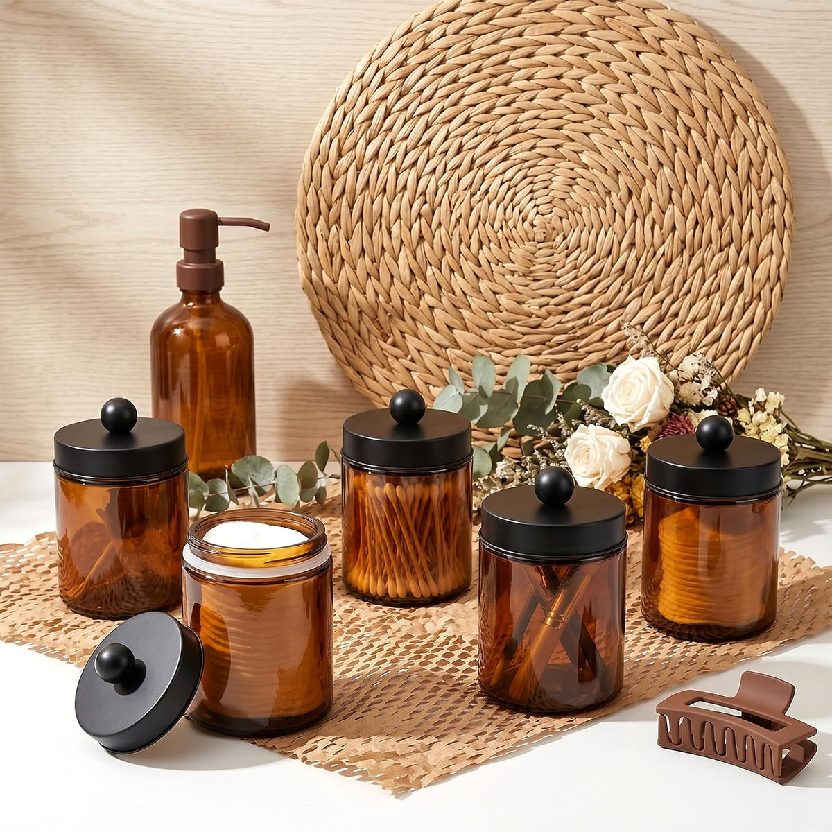 Accguan 6Pack Amber Apothecary Jars Bathroom Vanity Storage Organizer Set