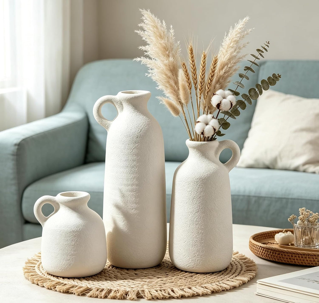 White Ceramic Vase Set of 3 with Handle, Waterproof Vases for Pampas Grass