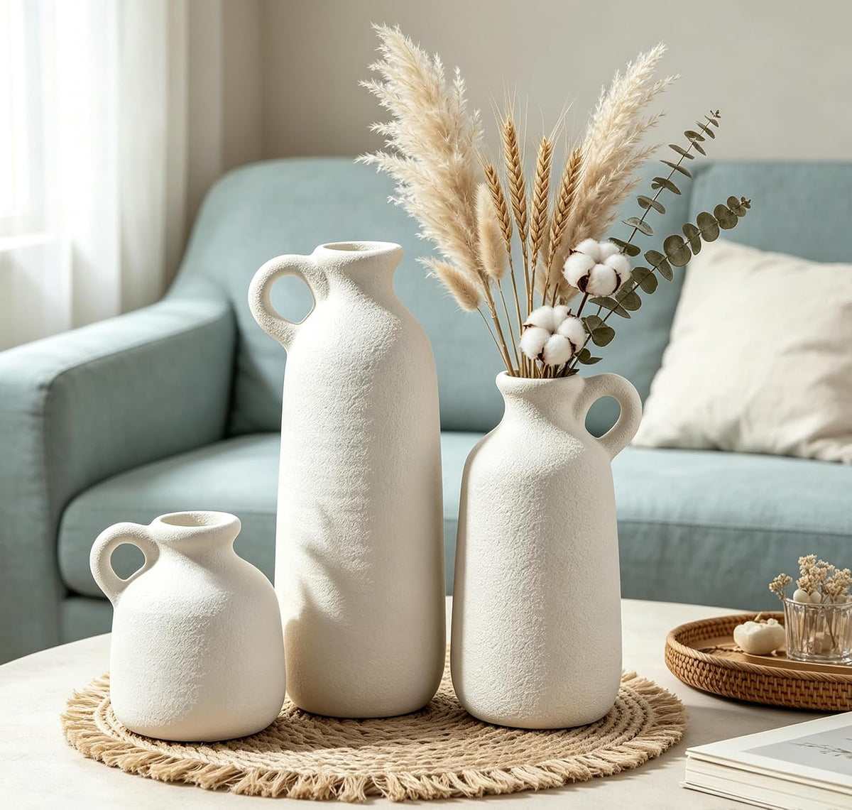 White Ceramic Vase Set of 3 with Handle, Waterproof Vases for Pampas Grass