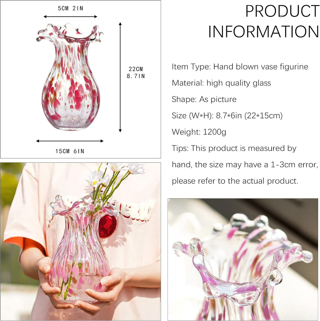 QFkris Hand Blown Glass Vase, Modern Art Flower Vase with Pink Petal Decor