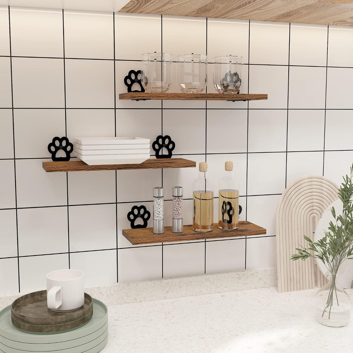 Lavezee Paw Prints Wall Decor Floating Shelves Set of 3, Cute Rustic Wooden Shelf Decorative Living Room, Bedroom, Bathroom, Log Cabin Shelving Wall Mounted