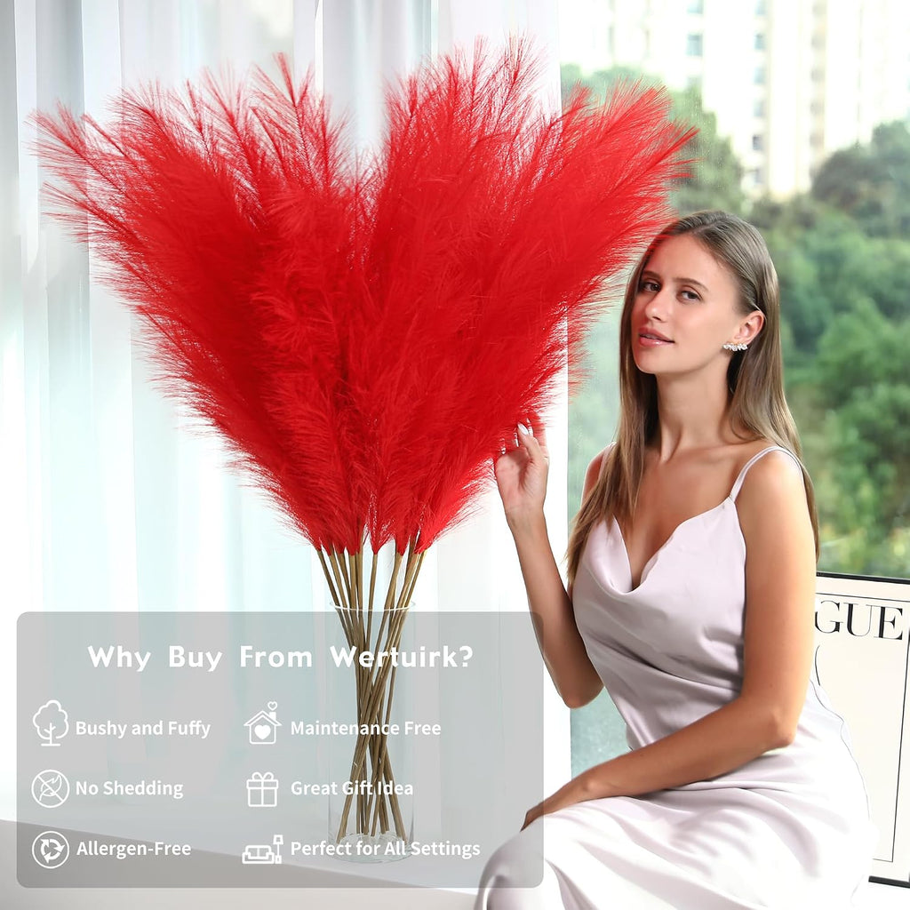 Wertuirk Red Pampas Grass Decor, 45-Inch 8Pcs Artificial Large Pampas Grass