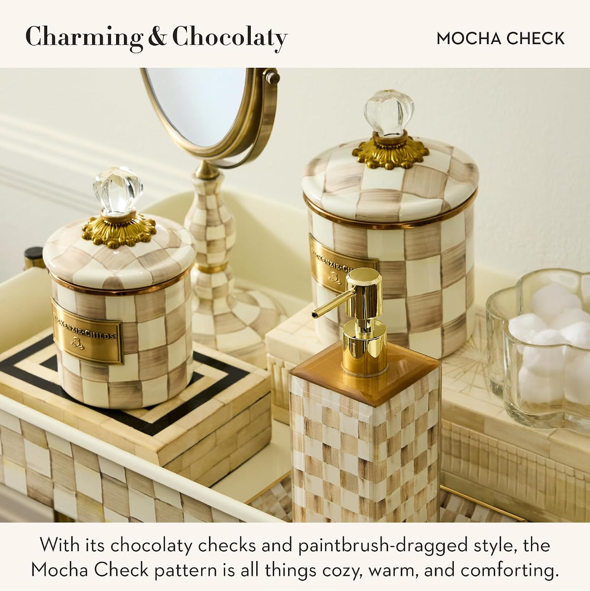 MACKENZIE-CHILDS Glass Soap Pump, Brown-and-White Mocha Check