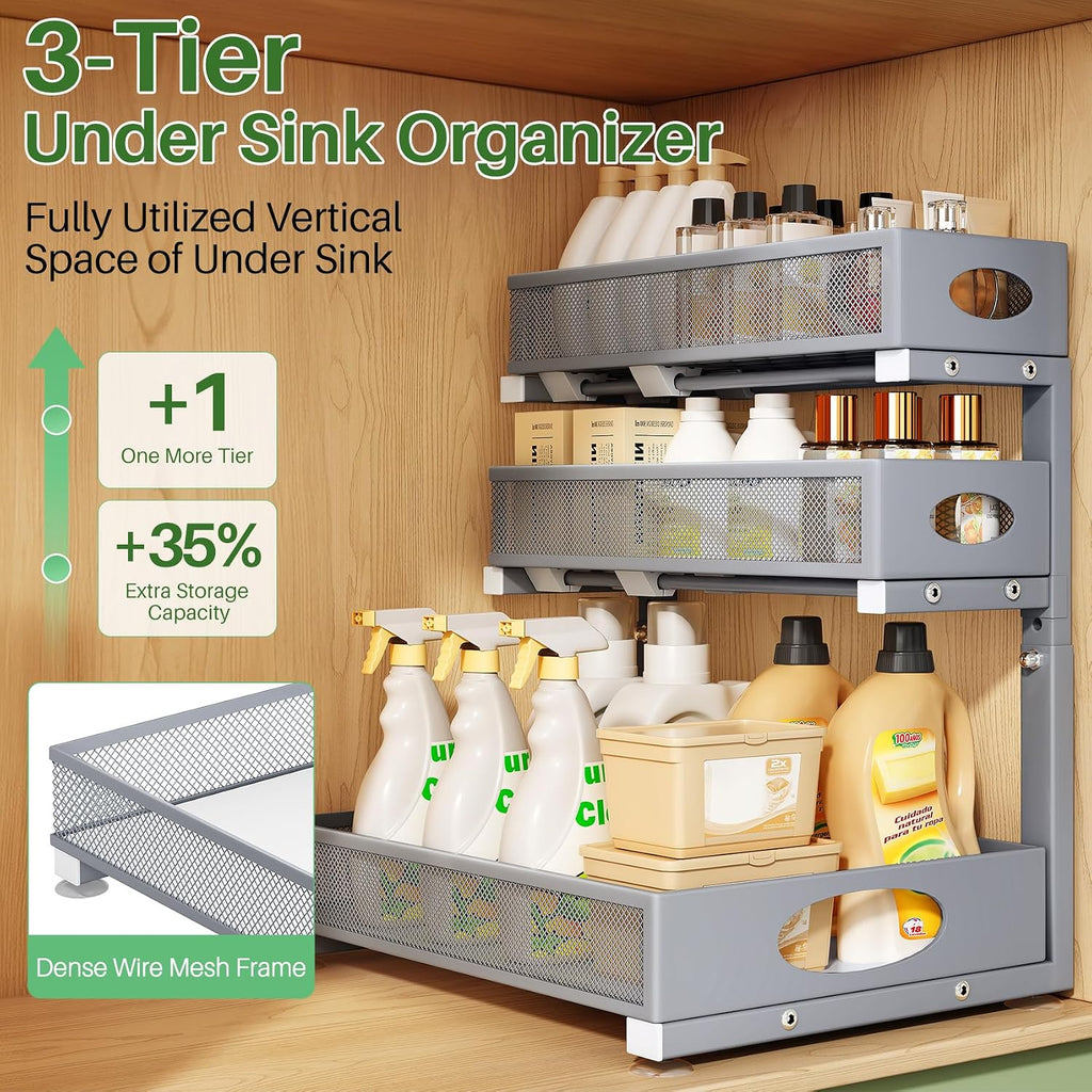 Kitstorack Under Sink Organizer 3-Tier Slide Out Drawer 1-Pack Grey