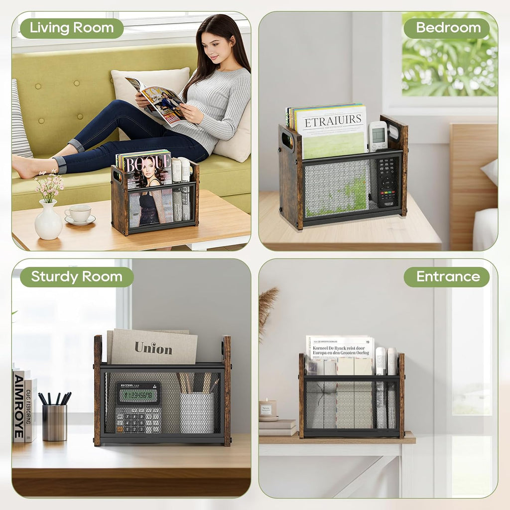 Magazine Rack & Holder, Mesh Magazine Rack Floor, Multi-Purpose Storage Organizer for Magazines, Books, Newspapers, Mail, Tablets | Magazines Storage Basket for Home, Office, Bathroom, Vintage Brown