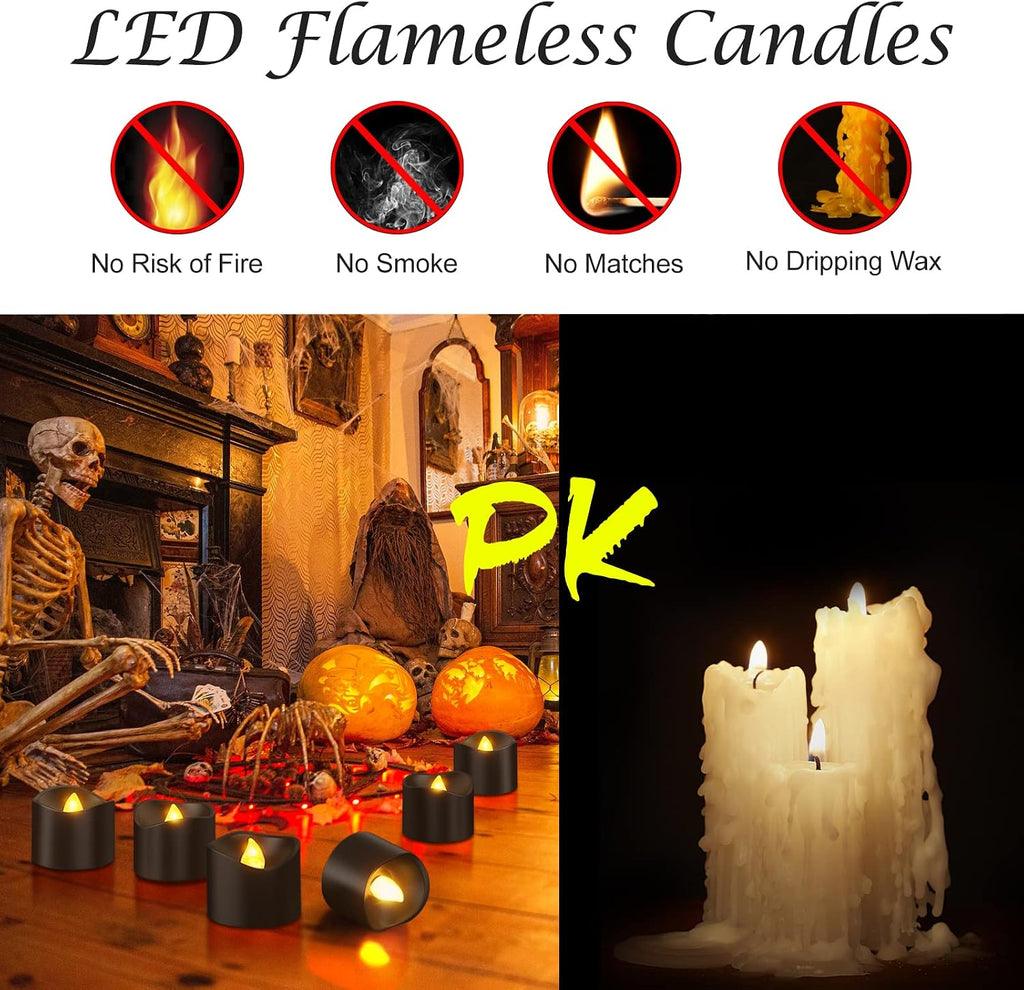 Black LED Tea Lights, 12pcs Battery Operated Tealights Flickering Flameless Votive Candles with Realistic Warm White for Birthday Themed Party Home Halloween Christmas Decorations