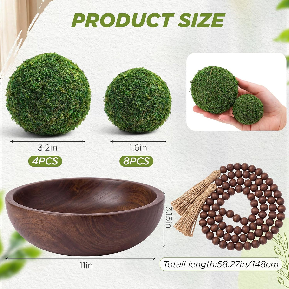 SiliFine 14 Pcs Rustic Table Decor Set, Wooden Bowl with Moss Balls, Brown