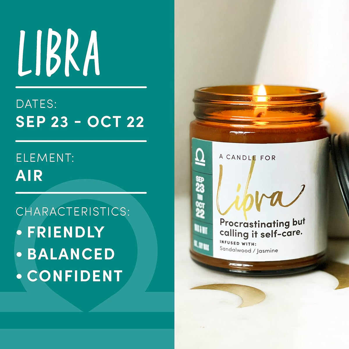 WAX & WIT Libra Candle Gifts for Women, Libra Zodiac Gifts, Astrology Gift for Women, Zodiac Astrology Candle, September October Birthday Gift for Woman - 9oz