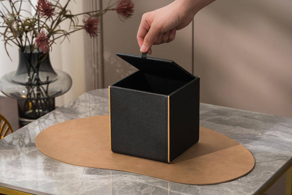 Ukwell Square Tissue Box Cover Linen-Textured Faux Leather Tissue Holder with Gold Trim Modern Home Decor Piece for Home & Office