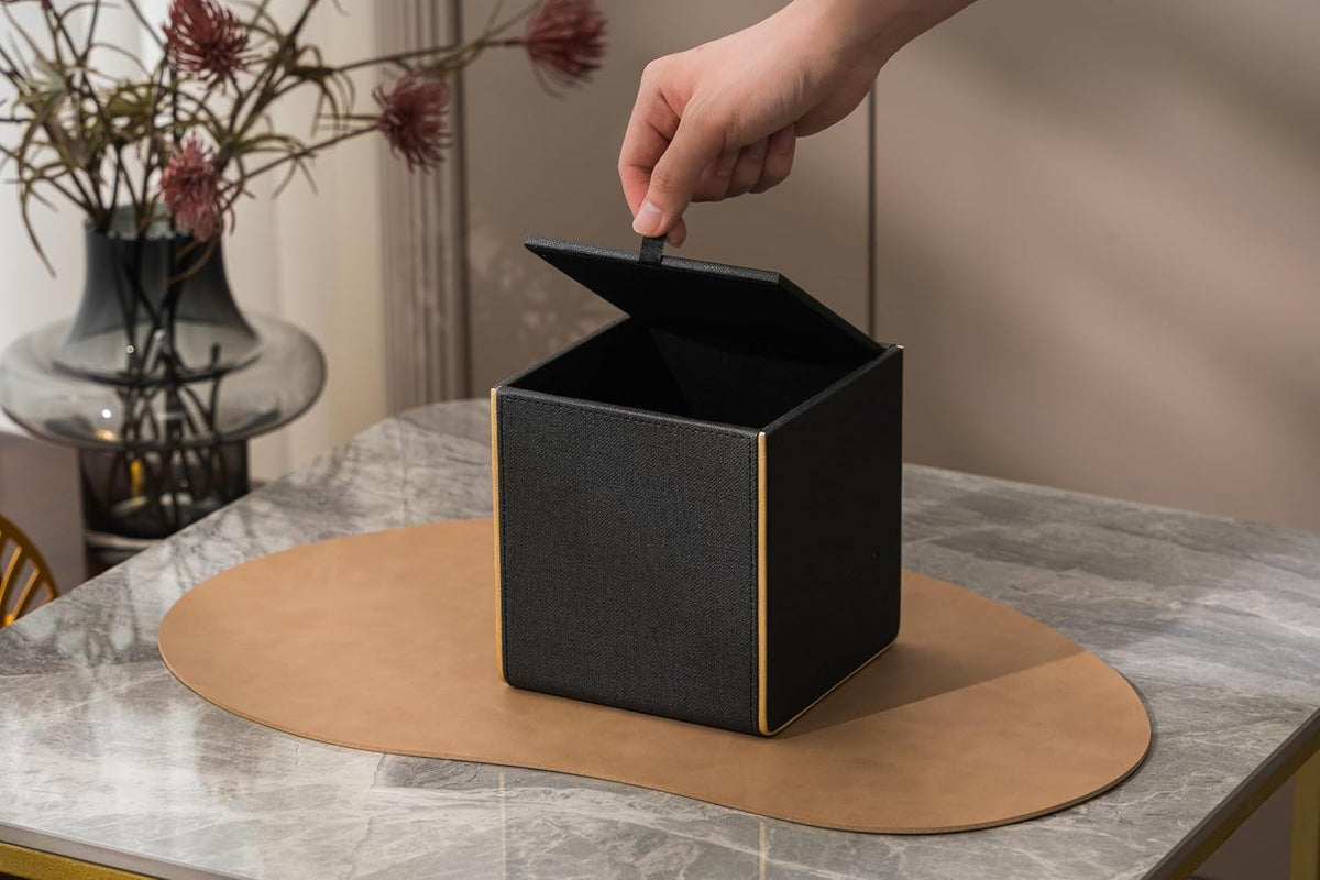 Ukwell Square Tissue Box Cover Linen-Textured Faux Leather Tissue Holder with Gold Trim Modern Home Decor Piece for Home & Office