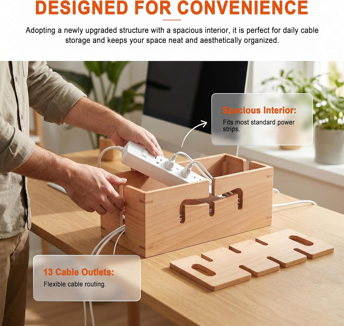 Elitzia Beech Wood Cable Management Box for Power Strip, Magnetic Lid