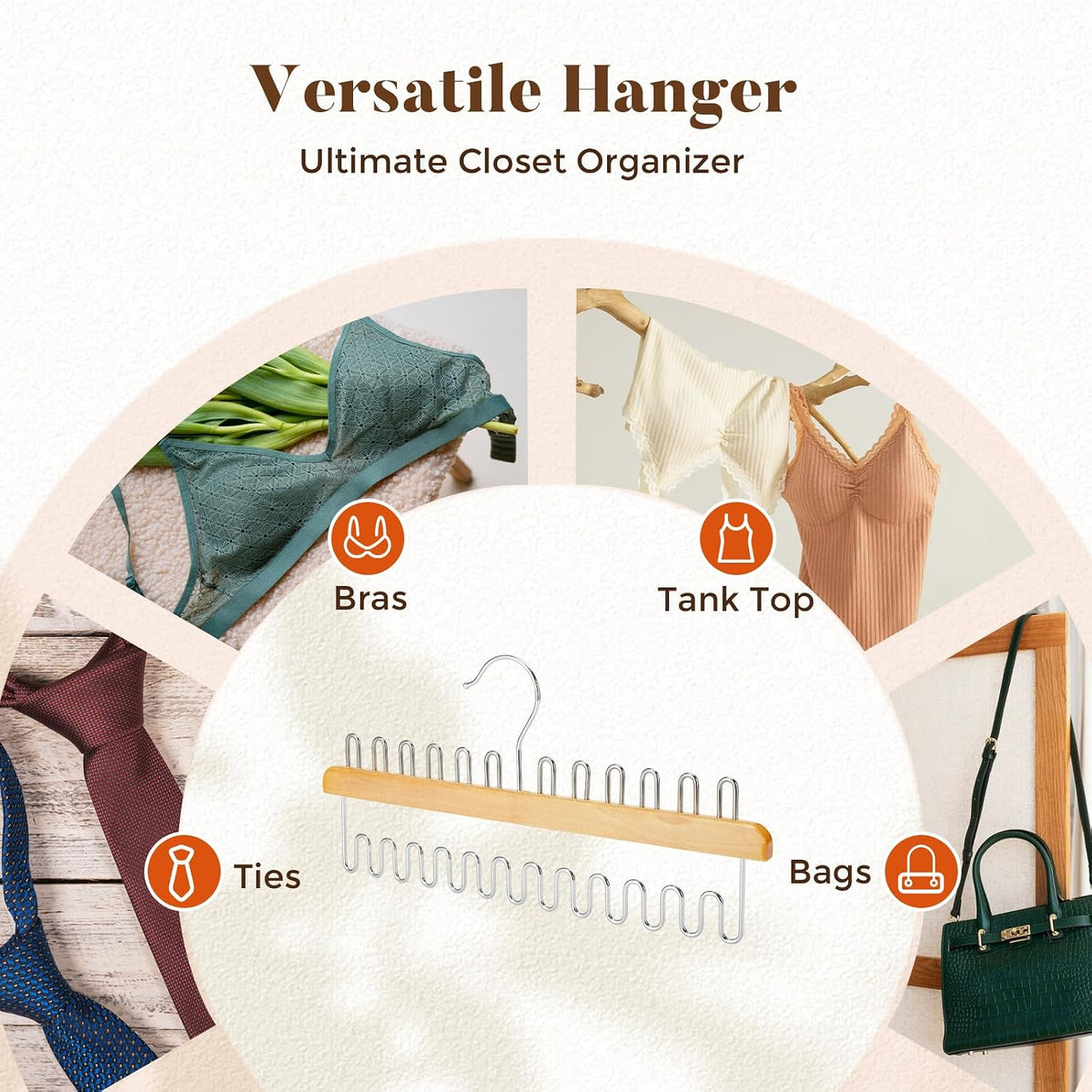 HOUSE DAY Closet Organizers and Storage, Tank Top Hangers, Rotatable Bra Organzier for Closet, Max 48 Storage Capacity Sport Bra Holder, Wood Space Saving Hanger 2 Pack - Dorm Room Essentials