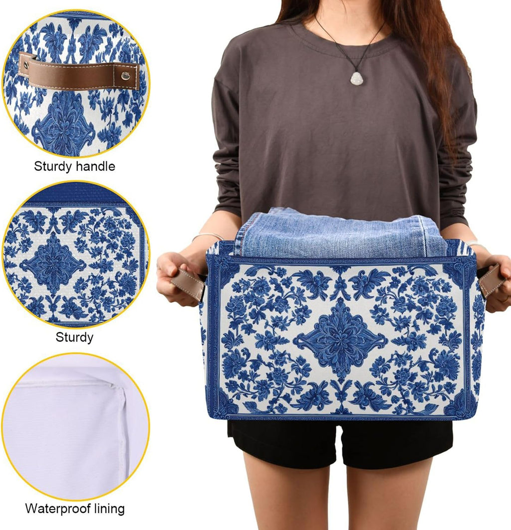 Wamika Blue White Porcelain Storage Basket with Waterproof Liner and PU Handles Flowers Storage Bins Boxes 14.2" Collapsible Decorative Organizer Baskets for Bedroom Closet Office 1 Pack