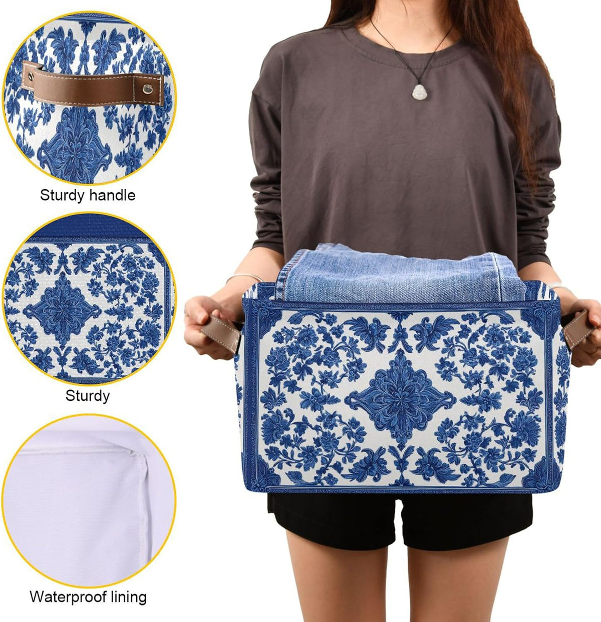 Wamika Blue White Porcelain Storage Basket with Waterproof Liner and PU Handles Flowers Storage Bins Boxes 14.2" Collapsible Decorative Organizer Baskets for Bedroom Closet Office 1 Pack