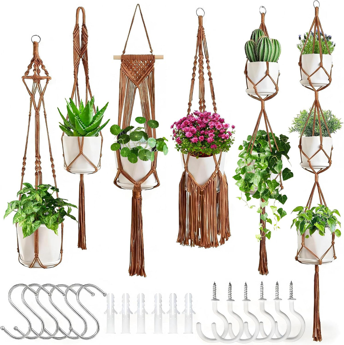 Macrame Plant Hangers, 6Pack Hanging Plant Holders Indoor, Caramel