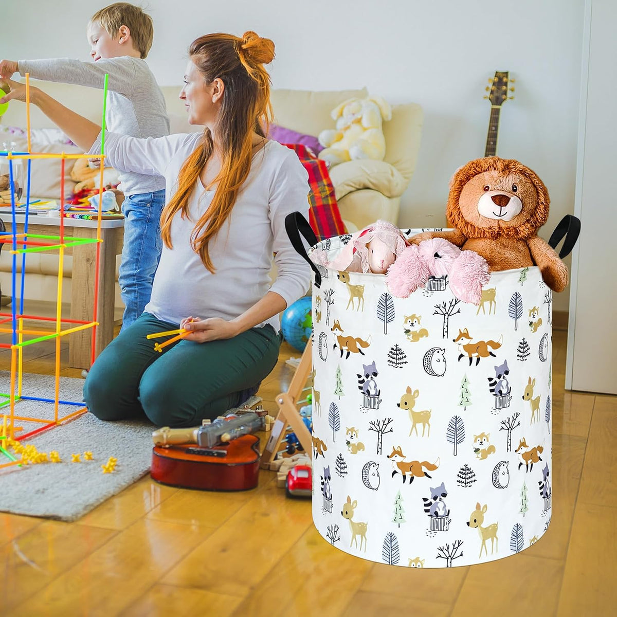 Autumn Animal Storage Basket with Handles, Woodland Animal Storage Basket for Kids' Room, Foldable Laundry Hamper