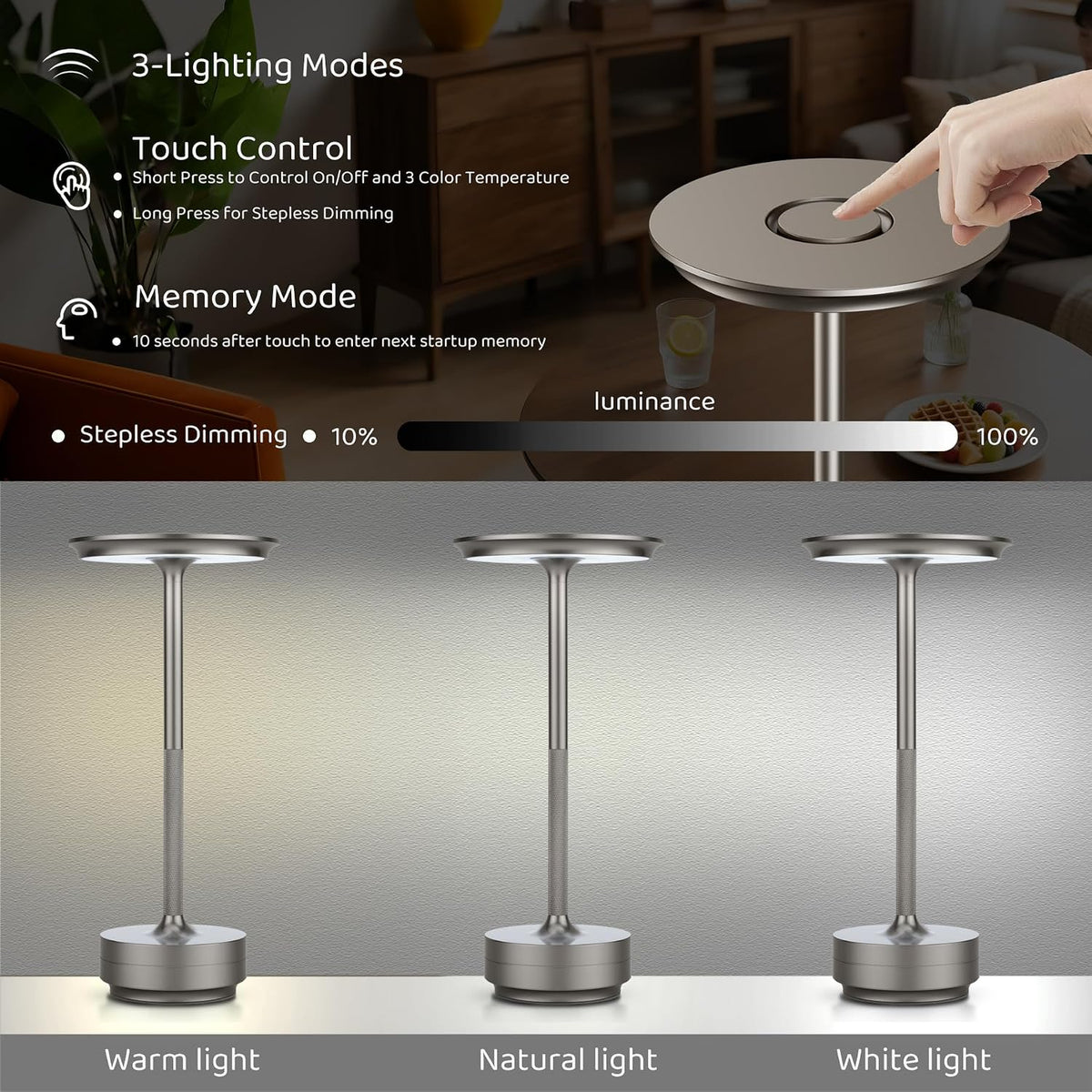 UdoUto Cordless Table Lamp Rechargeable, Silver