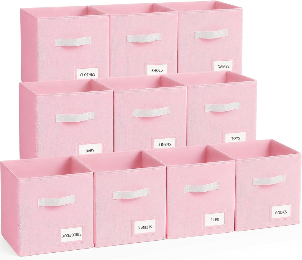 Storage Cubes 10 Pack, 11 Inch Fabric Storage Bins Organizer with Labels, Odor-Free & Sturdy PP Structure, Collapsible Cubby Baskets for Closet, Shelves, Toys & Nursery (Pink)