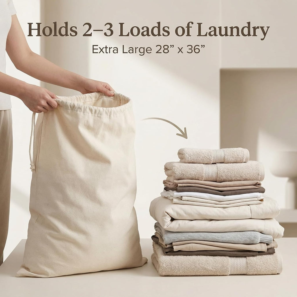 Urban Villa Laundry Bags 2-Pack 28”x36" Extra-Large Cotton Canvas Heavy Duty Washable Durable Travel Laundry Sacks with Drawstring Closure Reusable Hamper Liners for Dirty Clothes Delicates & Lingerie