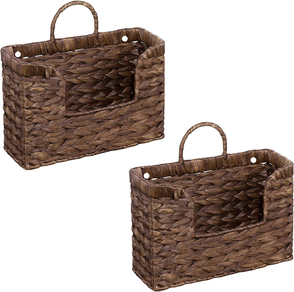 Set of 2 Magazine Holder Wall Basket Water Hyacinth Woven Mail Organizer, Wicker Wall Hanging Baskets for Magazines, Letters & Storage Decorative Mail Holder, Magazine Rack, Hanging Basket, Coffee
